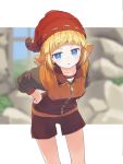  1girl bangs blonde_hair blue_eyes blunt_bangs blurry blurry_background blush character_request flipped_hair hands_on_hips hat headwear_request highres jitome jumpsuit leaning_forward long_hair long_sleeves looking_at_viewer parted_lips power_pro_appli rb2 rock shorts solo zipper 
