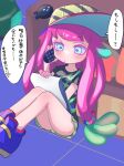  1girl baseball_cap black_shirt blue_eyes blush clenched_hands clownfish commentary_request drooling fish gradient_hair green_hair green_skirt harmony&#039;s_clownfish_(splatoon) harmony_(splatoon) hat highres long_hair low-tied_long_hair miniskirt multicolored_hair open_mouth pink_hair shirt short_sleeves skirt solo speech_bubble splatoon_(series) splatoon_3 striped striped_headwear t-shirt tama_nya tentacle_hair thighs translation_request two-tone_hair 