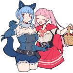  2girls alternate_costume animal_ears apple bangs basket belt black_eyes blue_hair blush bow breasts cape claws cleavage closed_eyes do_m_kaeru dress fake_animal_ears fake_claws fake_tail fang fire_emblem fire_emblem:_three_houses food fruit gloves halloween halloween_costume hilda_valentine_goneril large_breasts marianne_von_edmund micro_shorts multiple_girls pink_bow pink_hair red_apple shorts tail twintails wolf_ears wolf_girl wolf_tail 