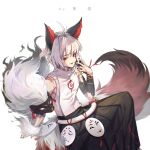  1boy :d absurdres ahoge animal_ears armband artist_name bare_shoulders black_nails fingernails hakuzousu_(onmyoji) highres japanese_clothes looking_at_viewer mask onmyoji open_mouth red_eyes simple_background sleeveless smile solo tail vuvkhkgi white_background white_hair wolf_boy wolf_ears wolf_tail 