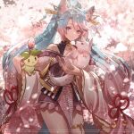  1girl animal animal_ear_fluff animal_ears bangs black_kimono black_sleeves blue_eyes blue_hair breasts cleavage commentary detached_sleeves english_commentary flower hair_flower hair_ornament holding holding_animal japanese_clothes kimono kokuzu large_breasts long_hair looking_at_viewer multicolored_hair pink_hair second-party_source silvervale smile streaked_hair swept_bangs thigh_strap twintails virtual_youtuber vshojo wolf wolf_ears wolf_girl 