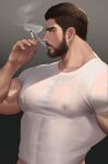  1boy bara beard black_hair chris_redfield cigarette covered_nipples facial_hair gr_goden gradient gradient_background highres holding holding_cigarette large_pectorals male_focus muscular muscular_male pectorals resident_evil resident_evil_village shirt short_hair simple_background smoking solo upper_body white_shirt 