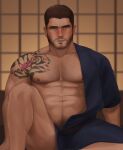  1boy abs arm_tattoo bara black_hair blue_kimono blush chris_redfield facial_hair gr_goden highres japanese_clothes kimono large_pectorals male_focus muscular muscular_male navel nipples official_alternate_costume pectorals resident_evil resident_evil_6 revealing_clothes short_hair solo tattoo 