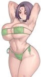  1girl :o absurdres armpits arms_behind_head arms_up bangs bare_shoulders bikini breasts collarbone commentary curvy dc_comics english_commentary eyepatch_bikini forehead_jewel green_bikini grey_hair highres kelvin_hiu large_breasts looking_down navel parted_bangs parted_lips pink_eyes raven_(dc) short_hair side-tie_bikini_bottom simple_background solo standing stomach swimsuit teen_titans wet white_background 