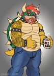  anthro arm_tattoo beard belly beverage bottomwear bowser clothed clothing coffee collar container cup digital_media_(artwork) facial_hair father hair hi_res horn koopa looking_at_viewer male mario_bros muscular muscular_anthro muscular_male nintendo ollie_rabbit overweight overweight_male pants parent red_hair scalie shell shirtless simple_background solo spikes tattoo video_games 
