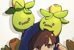  1boy bangs blue_headwear brown_eyes brown_hair florian_(pokemon) hand_up hat highres inari1369 looking_up o_o on_head open_mouth pokemon pokemon_(creature) pokemon_(game) pokemon_on_head pokemon_sv silhouette simple_background smoliv wavy_mouth white_background 