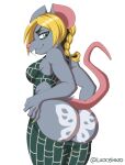  anthro big_ears blonde_hair bottomwear bottomwear_down braided_hair buckteeth butt clothed clothing female fur green_eyes grey_body grey_fur hair hi_res jojo&#039;s_bizarre_adventure jolyne_cujoh looking_at_viewer looking_back luckyshazo mammal mouth_closed murid murine pants pants_down partially_clothed pink_nose pink_tail rat rodent simple_background solo species_transformation teeth transformation white_background 