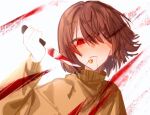  1girl blood brown_hair chara_(undertale) choco_rabbitt heart heart_necklace highres holding holding_knife jewelry knife looking_at_viewer necklace shirt short_hair simple_background smile undertale 