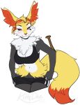  2022 5_fingers alpha_channel anthro barely_visible_genitalia barely_visible_pussy braixen breasts cleavage clothed clothing digital_media_(artwork) eyebrows eyelashes female fingers fur generation_6_pokemon genitals hi_res kittydee nintendo pokemon pokemon_(species) pussy red_eyes simple_background smile solo transparent_background video_games white_body white_fur yellow_body yellow_fur 