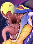  absurd_res artist_name blue_body bodily_fluids dragon feral frill_(anatomy) glistening glistening_eyes grey_frill head_crest head_frill hi_res looking_at_viewer mouth_shot narrowed_eyes open_mouth pink_eyes pink_sclera pink_tongue pupils saliva saliva_on_tongue saliva_string santanahoffman sharp_teeth simple_background slit_pupils solo teeth tongue yellow_body 