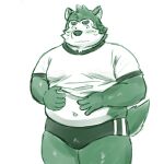  anthro belly blush canid canine canis domestic_dog embarrassed eyebrows fur green_body green_fur hi_res lifewonders live-a-hero male mammal mokdai navel overweight solo thick_eyebrows video_games yaki_atsuage 