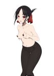  1girl areola_slip bangs black_hair blush breast_hold breasts collarbone coro_fae folded_ponytail hair_ribbon heart_pasties highres kaguya-sama_wa_kokurasetai_~tensai-tachi_no_renai_zunousen~ looking_at_viewer navel pants parted_bangs pasties red_eyes red_ribbon ribbon shinomiya_kaguya sidelocks small_breasts solo sweat thigh_gap thighs topless white_background 