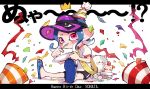  1girl animal blue_hair cake cat confetti food food_on_face fork hat highres holding holding_fork holding_plate inari1369 kitten letterboxed li&#039;l_judd_(splatoon) long_hair miniskirt multiple_hats octarian octoling octoling_girl party_hat party_popper pink_eyes plate purple_headwear sandals shirt short_sleeves single_vertical_stripe sitting skirt splatoon_(series) tentacle_hair utensil_in_mouth visor_cap white_shirt 