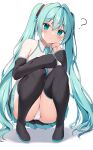  ! 1girl ? arm_on_knee ass bare_shoulders black_skirt blue_eyes blue_hair blue_necktie blush boots collared_shirt detached_sleeves full_body hair_between_eyes hand_on_own_cheek hand_on_own_face hannari369 hatsune_miku highres knees_to_chest knees_together_feet_apart leaning_forward legs long_hair looking_at_viewer miniskirt necktie open_mouth panties pantyshot pleated_skirt shirt skirt solo spoken_exclamation_mark squatting staring thigh_boots thighs twintails underwear upskirt very_long_hair vocaloid white_panties 