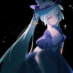  1girl bangs black_background blue_dress blue_eyes blue_hair blue_headwear chinese_commentary closed_mouth commentary dress expressionless gloves hat hatsune_miku indai_(3330425) long_hair looking_at_viewer magical_mirai_miku magical_mirai_miku_(2013) puffy_short_sleeves puffy_sleeves short_sleeves sideways_glance simple_background solo sparkle_background star_(symbol) top_hat twintails very_long_hair vocaloid 