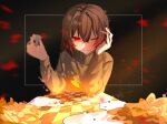  1girl brown_hair chara_(undertale) chess_piece choco_rabbitt flower from_side gold highres light looking_at_viewer shirt short_hair smile undertale 