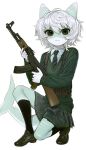  colored_skin fingernails fish_tail green_skin grintasia gun highres holding holding_gun holding_weapon kneehighs monster_girl non-web_source one_knee original school_uniform shark_tail sharp_fingernails socks tail weapon white_hair 