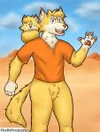  2022 anthro canid canine canis clothed clothing coyote digital_media_(artwork) foxihfox fur happy hi_res loaf looking_at_viewer male mammal open_mouth orange_clothing orange_shirt orange_topwear shirt smile solo tongue topwear white_hands yellow_body yellow_fur 