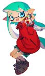  1girl :d aqua_hair black_shorts blue_eyes grey_footwear hand_up highres inari1369 inkling inkling_girl long_hair long_sleeves open_mouth pointy_ears shoes shorts simple_background smile solo splatoon_(series) suction_cups tentacle_hair white_background 