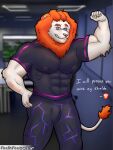  2022 anthro brave_(browser) clothed clothing digital_media_(artwork) english_text erect_nipples felid foxihfox fur happy hi_res lion looking_at_viewer male mammal muscular muscular_anthro muscular_male nipples pantherine pecs shirt smile solo text topwear white_body white_fur white_hands 