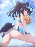  1girl absurdres animal_ears ass bangs bare_arms bare_shoulders black_hair blue_archive blue_sky blush breasts cameltoe cheerleader cloud covering_mouth crop_top crop_top_overhang day dog_ears dog_girl dog_tail extra_ears eyewear_on_head goggles goggles_on_head halo hibiki_(blue_archive) hibiki_(cheerleader)_(blue_archive) highres holding holding_pom_poms kirakugakusyu long_hair looking_at_viewer midriff miniskirt outdoors paid_reward_available panties pleated_skirt pom_pom_(cheerleading) ponytail skirt sky sleeveless solo spread_legs standing star_sticker sticker_on_arm sunglasses sweat tail text_print thighs underwear white_panties white_skirt 