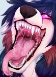  absurd_res anthro artist_name black_nose blue_background blue_hair bodily_fluids canid eyelashes female front_view fur glistening glistening_eyes hair hi_res mammal mouth_shot narrowed_eyes no_pupils open_mouth pink_eyes pink_sclera pink_tongue red_hair saliva saliva_on_tongue saliva_string santanahoffman simple_background solo tongue tongue_out uvula white_body white_fur wihih 