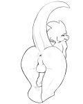  absurd_res anthro anus balls big_butt blush blush_lines butt digital_drawing_(artwork) digital_media_(artwork) erection genitals hi_res humanoid_genitalia kobold long_tail looking_at_viewer looking_back male nude penis presenting presenting_hindquarters reptile risskartz scalie shy simple_background sketch solo thick_tail 