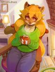  anthro big_breasts blonde_hair bottomwear breasts clothing collarbone denim denim_clothing female green_clothing green_sweater green_topwear hair hi_res holding_coffee_mug inside jeans long_hair looking_at_viewer mammal open_mouth pants procyonid pupils raccoon red_eyes sitting smile solo sweater syuriusuhusky topwear white_pupils 