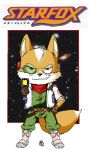  anthro belt bottomwear canid canine clothing cosmic_background fox fox_mccloud gesture gloves gun hair hand_on_hip handwear head_tuft jacket logo looking_at_viewer male mammal nintendo pants pointing ranged_weapon rhonbon scarf scouter signature smile smirk star_fox teeth topwear tuft video_games weapon whiskers 