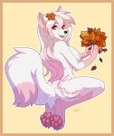  2022 4_toes 5_fingers absurd_res anthro areola breasts canid canine digital_media_(artwork) eyebrows eyelashes feet female fingers fox hair hi_res ketty mammal nipples nude open_mouth pink_eyes smile solo teeth toes tongue white_hair 