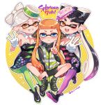  3girls ;d agent_3_(splatoon) ankle_boots anniversary bangs bike_shorts black_dress black_footwear black_hair black_jumpsuit black_shirt black_shorts blue_eyes blunt_bangs blush boots breasts butterfly_sitting callie_(splatoon) cleavage closed_mouth collar commentary_request copyright_name cousins cross-shaped_pupils detached_collar dress earrings english_text fang floating food food_on_head frown gloves gradient_hair green_pantyhose grin headgear high-visibility_vest highres index_finger_raised inkling inkling_girl jewelry jumpsuit leg_up long_hair long_sleeves looking_at_viewer marie_(splatoon) medium_breasts multicolored_hair multiple_girls object_on_head one_eye_closed one_side_up orange_hair outline pantyhose partial_commentary pointy_ears purple_hair purple_pantyhose shina_shina shirt shoes short_dress short_hair short_jumpsuit short_shorts shorts smile sneakers sparkle splatoon_(series) splatoon_1 squidbeak_splatoon strapless strapless_dress sushi swept_bangs tentacle_hair twitter_username very_long_hair vest w waving white_collar white_gloves white_outline wing_collar yellow_vest 