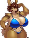  2022 anthro biceps big_breasts bikini blazbaros breasts brown_body brown_fur brown_hair cleavage clothed clothing female flexing fur hair hair_over_eye hand_on_hip hi_res huge_breasts lagomorph leporid mammal muscular muscular_anthro muscular_female one_eye_obstructed rabbit simple_background solo swimwear thick_thighs white_background wide_hips 