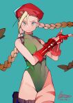  1girl abs absurdres adjusting_clothes adjusting_gloves beret blonde_hair blue_eyes braid cammy_white covered_navel dated gauntlets gloves groin harness hat highres holster leotard linween long_hair looking_at_viewer serious signature simple_background solo street_fighter thigh_strap twin_braids 