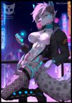  2022 anthro balls biped blue_eyes boots breasts bubble_gum cellphone city city_background clothing cyberpunk detailed_background digital_media_(artwork) erection facial_piercing felid fishnet fishnet_legwear fleet-foot footwear fur genitals good_girl grey_balls grey_body grey_fur gynomorph hair hi_res holding_cellphone holding_object holding_phone holding_smartphone humanoid_genitalia humanoid_penis intersex jacket legwear mammal nipples nose_piercing nose_ring outside pantherine penis phone piercing ring_piercing skinsuit smartphone snow_leopard solo spots spotted_body spotted_fur tight_clothing topwear translucent white_body white_fur white_hair 