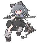  1girl animal_ears bucket capelet closed_mouth dowsing_rod full_body grey_capelet grey_footwear grey_hair grey_shirt grey_skirt jewelry long_sleeves looking_at_viewer mouse mouse_ears mouse_girl mouse_tail nazrin pendant puyopuyo red_eyes shinmon_akika shirt short_hair simple_background skirt smile solo tail touhou white_background 