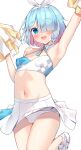  1girl :d alternate_costume arm_up armpits arona_(blue_archive) bare_legs bare_shoulders blue_archive blue_eyes blue_hair braid breasts cheering cheerleader covered_nipples cowboy_shot crop_top detached_collar hair_over_one_eye hairband hands_up hannari369 happy highres hip_focus holding holding_pom_poms jumping knees_together_feet_apart legs_folded looking_at_viewer medium_hair midriff miniskirt multicolored_hair navel no_bra panties pantyshot pink_hair pleated_skirt pom_pom_(cheerleading) shirt shoes single_braid skin_tight skirt sleeveless sleeveless_shirt small_breasts smile sneakers solo thighs two-tone_hair underwear upskirt white_hairband white_panties white_skirt wind wind_lift 
