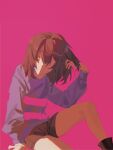  1girl brown_hair choco_rabbitt frisk_(undertale) from_side gold highres light looking_back shirt short_hair shorts simple_background sweater undertale yellow_eyes 