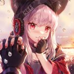  1girl 1other animal_ears arknights beanie black_gloves black_headwear breasts bubble cleavage clothes_writing dated diamond-shaped_pupils diamond_(shape) ears_through_headwear fingerless_gloves fox_ears fox_girl frostleaf_(arknights) gloves grey_hair hat headphones highres implied_extra_ears jacket looking_at_viewer medium_hair ninjinshiru off_shoulder oripathy_lesion_(arknights) pov pov_hands red_eyes red_jacket red_nails small_breasts smile solo_focus symbol-shaped_pupils upper_body 