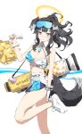  1girl absurdres animal_ears bangs bare_arms bare_legs bare_shoulders black_hair blue_archive blush breasts cheerleader cleavage crop_top dog_ears dog_girl dog_tail eyewear_on_head goggles goggles_on_head halo hibiki_(blue_archive) hibiki_(cheerleader)_(blue_archive) highres leg_up long_hair looking_at_viewer medium_breasts midriff miniskirt myomu navel pom_pom_(cheerleading) shoes skirt sneakers solo standing standing_on_one_leg star_sticker sticker_on_face sunglasses tail thighs white_footwear 