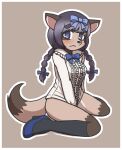  accessory anthro black_hair blue_eyes blush bottomless bow_ribbon braided_pigtails brown_background brown_body brown_fur canid canine clothed clothing female footwear frown fur hair hair_accessory hair_bow hair_ribbon high_heels kemono kneeling looking_at_viewer mammal raccoon_dog ribbons shirt simple_background socks solo starman75042 tanuki topwear 