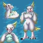  anthro avian bird breasts cockatiel cockatoo embarrassed feathers female hi_res justahoot nipples original_characters parakeet parrot red_eyes simple_background solo true_parrot white_body yellow_body yellow_feathers 