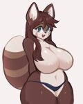  anthro big_breasts black_clothing black_panties black_underwear breasts brown_hair canid canine cleavage clothed clothing green_eyes hair hi_res huge_breasts looking_at_viewer male mammal mistysnugglebug navel open_mouth panties raccoon_dog smile solo tanuki topless topless_anthro underwear 