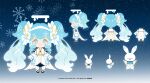  1girl :3 absurdly_long_hair bangs black_bow blue_background blue_bow blue_eyes blue_hair bow chibi closed_mouth company_name copyright crescent crescent_hair_ornament dress eyebrows_hidden_by_hair gradient gradient_background hair_bow hair_ornament hair_ribbon hairband hatsune_miku indai_(3330425) layered_dress long_hair long_sleeves looking_at_viewer melting_halo multiple_views rabbit rabbit_yukine reference_sheet ribbon see-through simple_background smile snowflake_background snowflake_in_hair standing star_(symbol) star_hair_ornament turnaround twintails very_long_hair vocaloid white_bow white_dress white_hairband white_ribbon white_wings winged_animal wings yellow_bow yuki_miku 