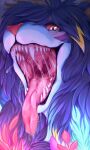  absurd_res anthro blonde_hair blue_body blue_fur blue_hair blush bodily_fluids detailed_mouth eyelashes fangs female fur glistening glistening_eyes hair hi_res looking_at_viewer mouth_shot multicolored_hair open_mouth pink_nose pink_sclera pink_tongue saliva saliva_on_tongue saliva_string santanahoffman solo tongue tongue_out two_tone_hair uvula 