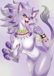  anthro belladonna_(trials_of_mana) black_sclera bracelet breasts ear_piercing ear_ring felid feline female fur fur_pattern hair hi_res jewelry mammal multicolored_hair navel necklace nipple_outline orange_eyes piercing pupils purple_body purple_fur ring ring_piercing simple_background slit_pupils solo teeth tongue tongue_out trials_of_mana two_tone_hair white_body white_fur wide_hips 