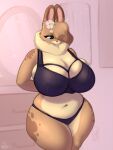  accessory anthro bedroom big_breasts bra breasts brown_body brown_fur cleavage cleavage_overflow clothed clothing female flower flower_in_hair fur hair hair_accessory hazel_(shakotanbunny) inside lagomorph leporid mammal mirrow multicolored_ears plant rabbit shakotanbunny slightly_chubby solo tan_body tan_fur thick_thighs translucent translucent_hair underwear underwear_only 