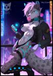  2022 anthro biped blue_eyes boots bubble_gum cellphone city city_background clothing cyberpunk detailed_background digital_media_(artwork) facial_piercing felid female fishnet fishnet_legwear fleet-foot footwear fur good_girl grey_body grey_fur hair hi_res holding_cellphone holding_object holding_phone holding_smartphone jacket legwear mammal nose_piercing nose_ring outside pantherine phone piercing ring_piercing skinsuit smartphone snow_leopard solo spots spotted_body spotted_fur tight_clothing topwear translucent white_body white_fur white_hair 