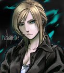  1girl aya_brea blonde_hair blue_eyes breasts character_name cleavage closed_mouth collarbone copyright_name jacket long_hair looking_at_viewer manomarino parasite_eve simple_background solo 