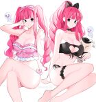  1girl 2others bangs bikini black_bow black_bra black_eyes blunt_bangs bow bra breasts character_doll cleavage cleavage_cutout clothing_cutout dracule_mihawk drill_hair frilled_bikini frills ghost hair_bow joman large_breasts multiple_others one_piece perona pink_bikini pink_bow pink_hair ponytail swimsuit thick_thighs thighs twintails underwear 