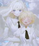  2girls albino angel angel_wings blonde_hair blue_eyes blue_sky cloud cloudy_sky collared_dress colored_eyelashes dress grintasia jewelry lace_trim multiple_girls neck_ribbon non-web_source original pendant puffy_sleeves ribbon sky white_dress wings 